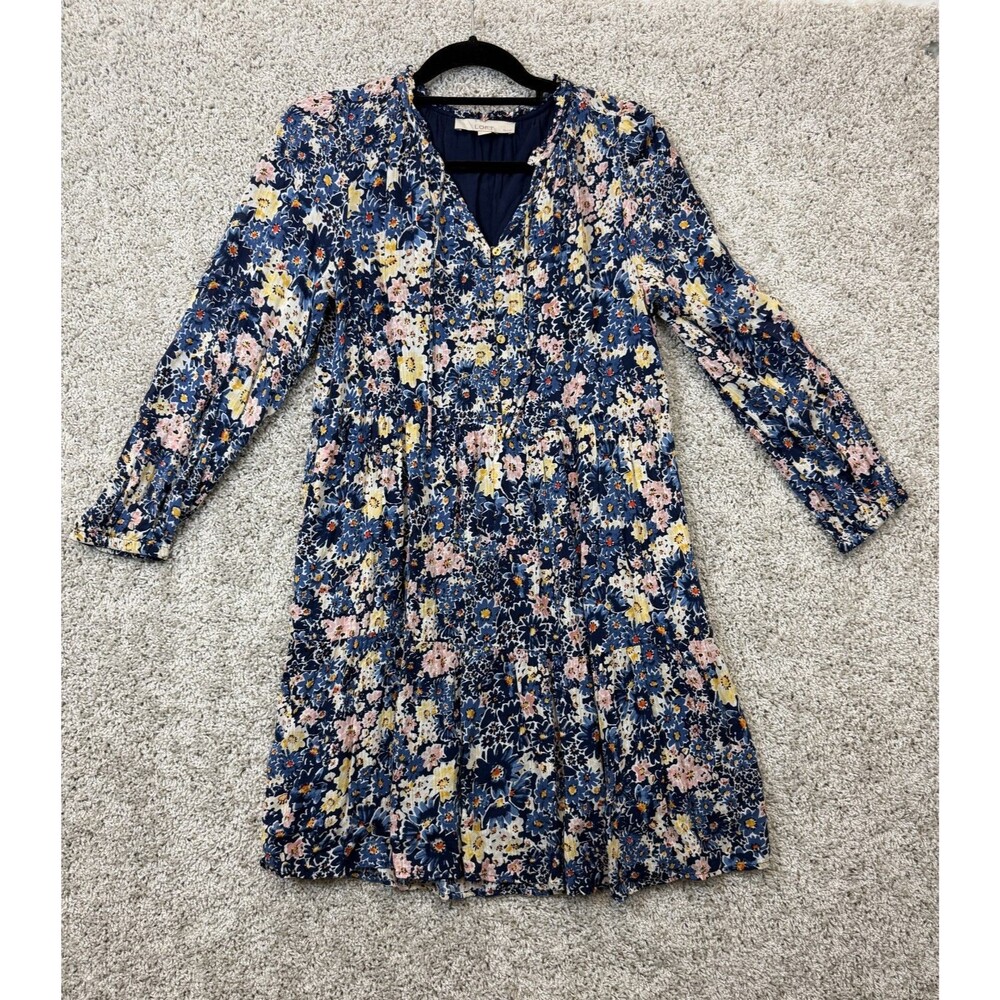 LOFT Petites Women's MP Navy Floral V-Neck Long Sleeve Tiered Midi Dress Rayon